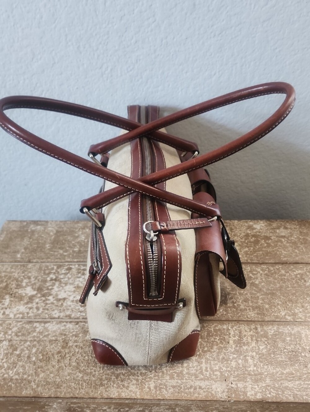 Dooney & Bourke Cream Canvas Satchel with Brown Leather Trim and Front Pockets - Picture 5 of 11